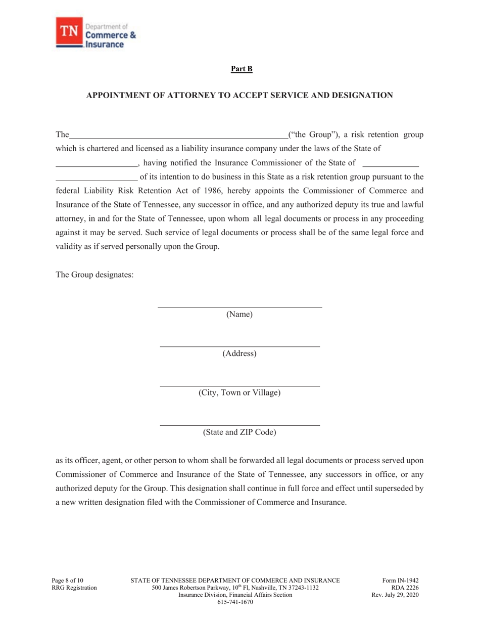 Form IN-1942 Risk Retention Group - Notice and Registration - Tennessee, Page 9