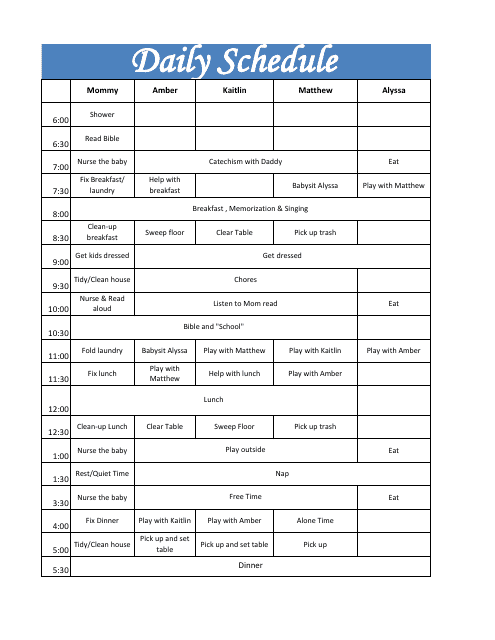 Sample Daily Schedule - Printable Document Template