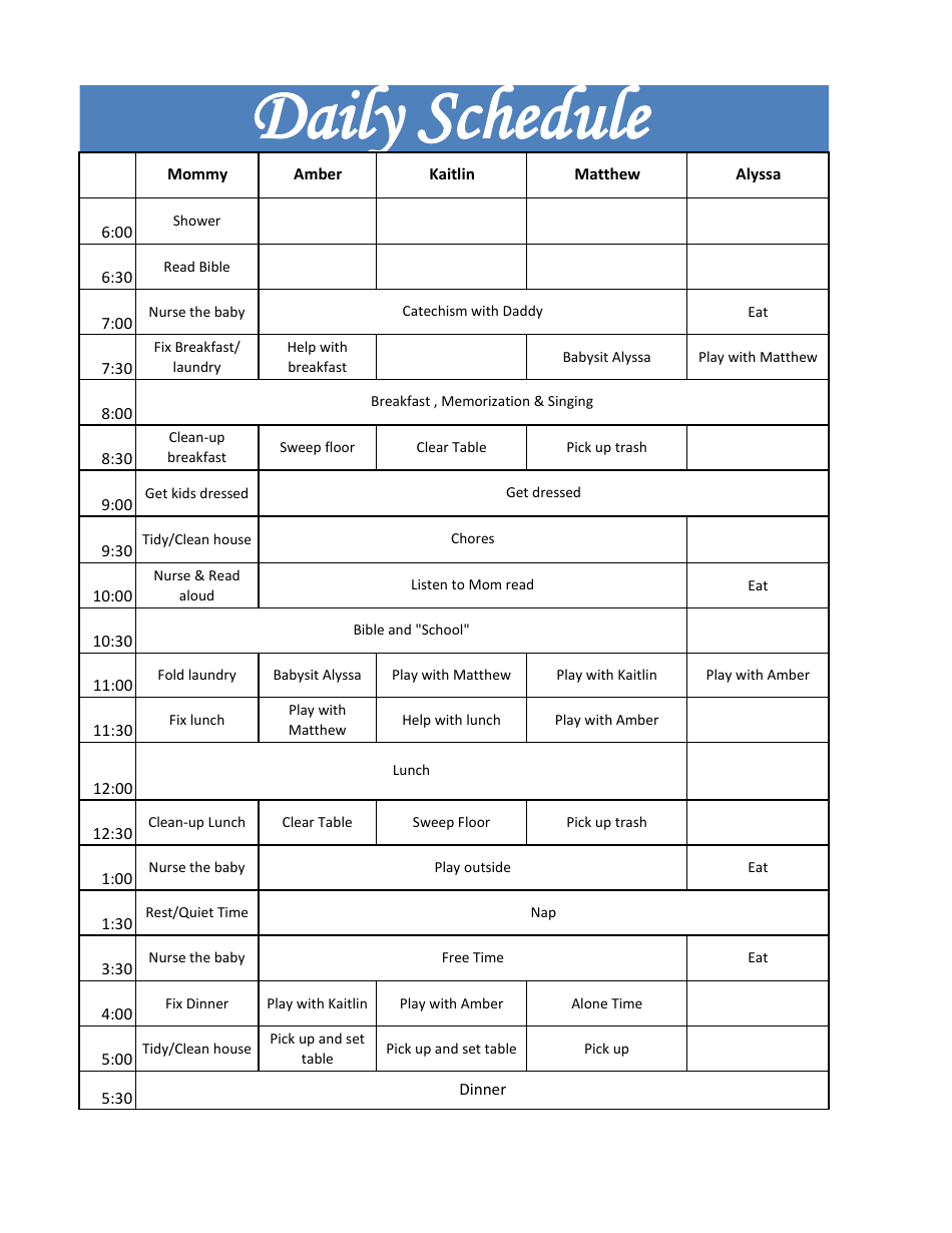 Sample Daily Schedule - Printable Document Template