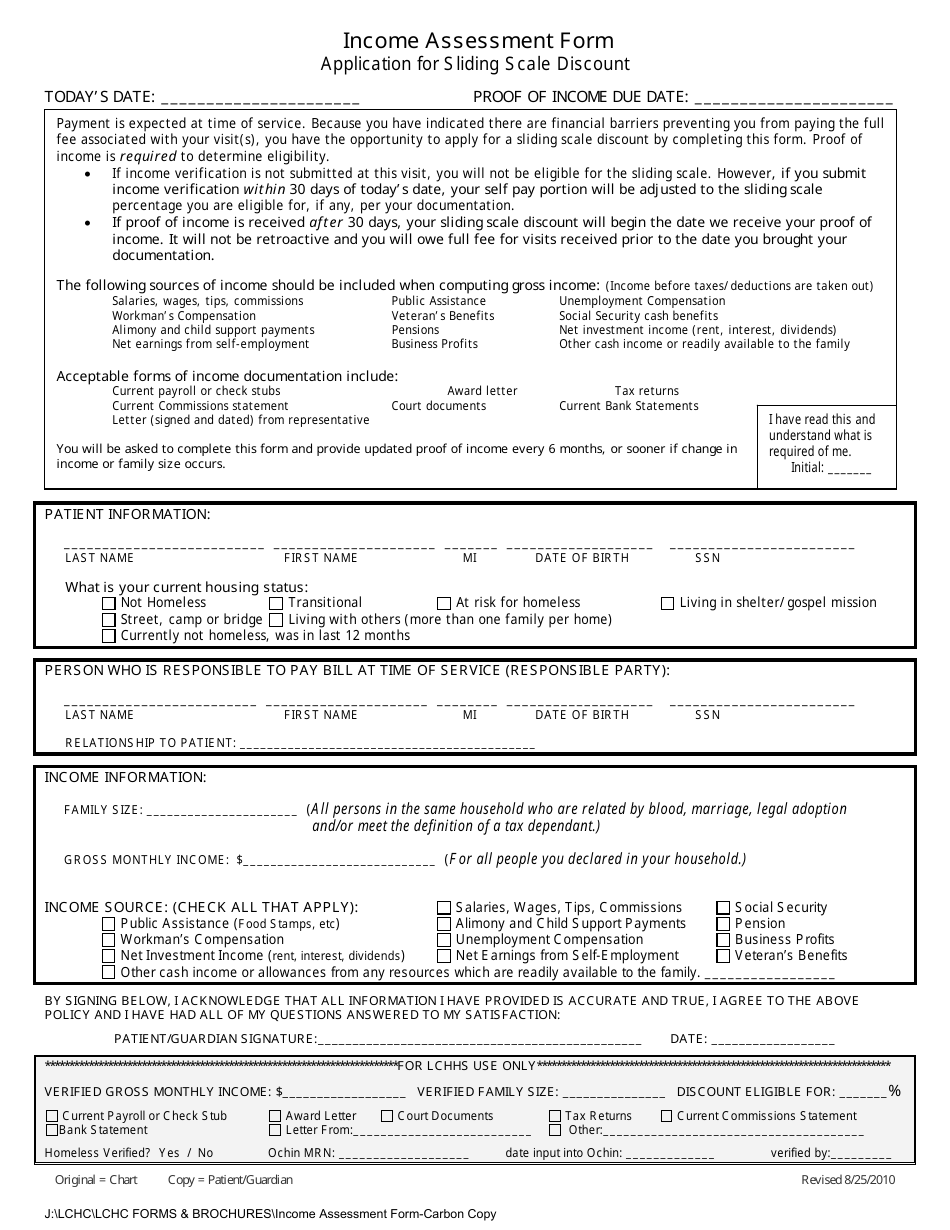 Income Assessment Form - Application for Sliding Scale Discount - Lincoln County, Oregon, Page 1