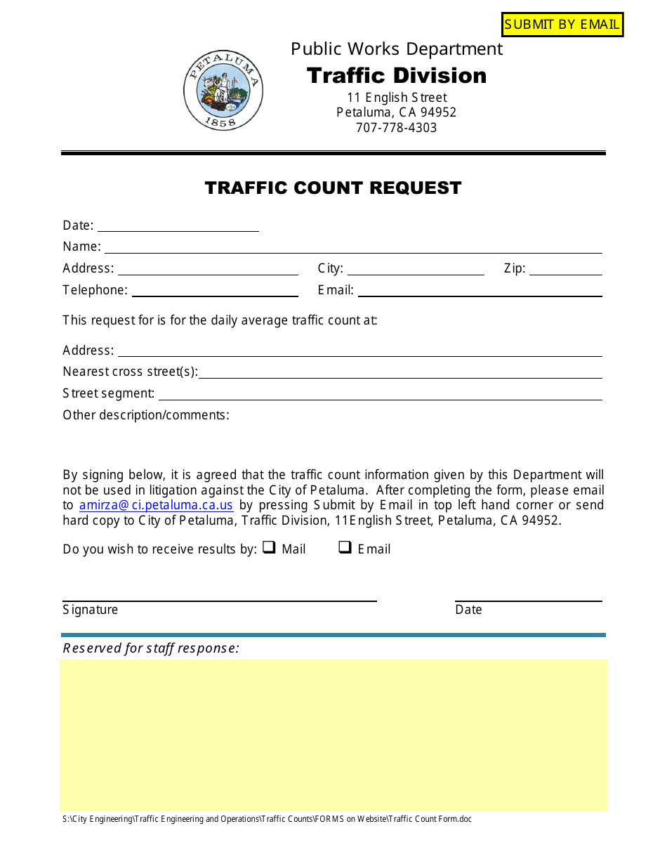 Traffic Count Request Form - Petaluma, California, Page 1