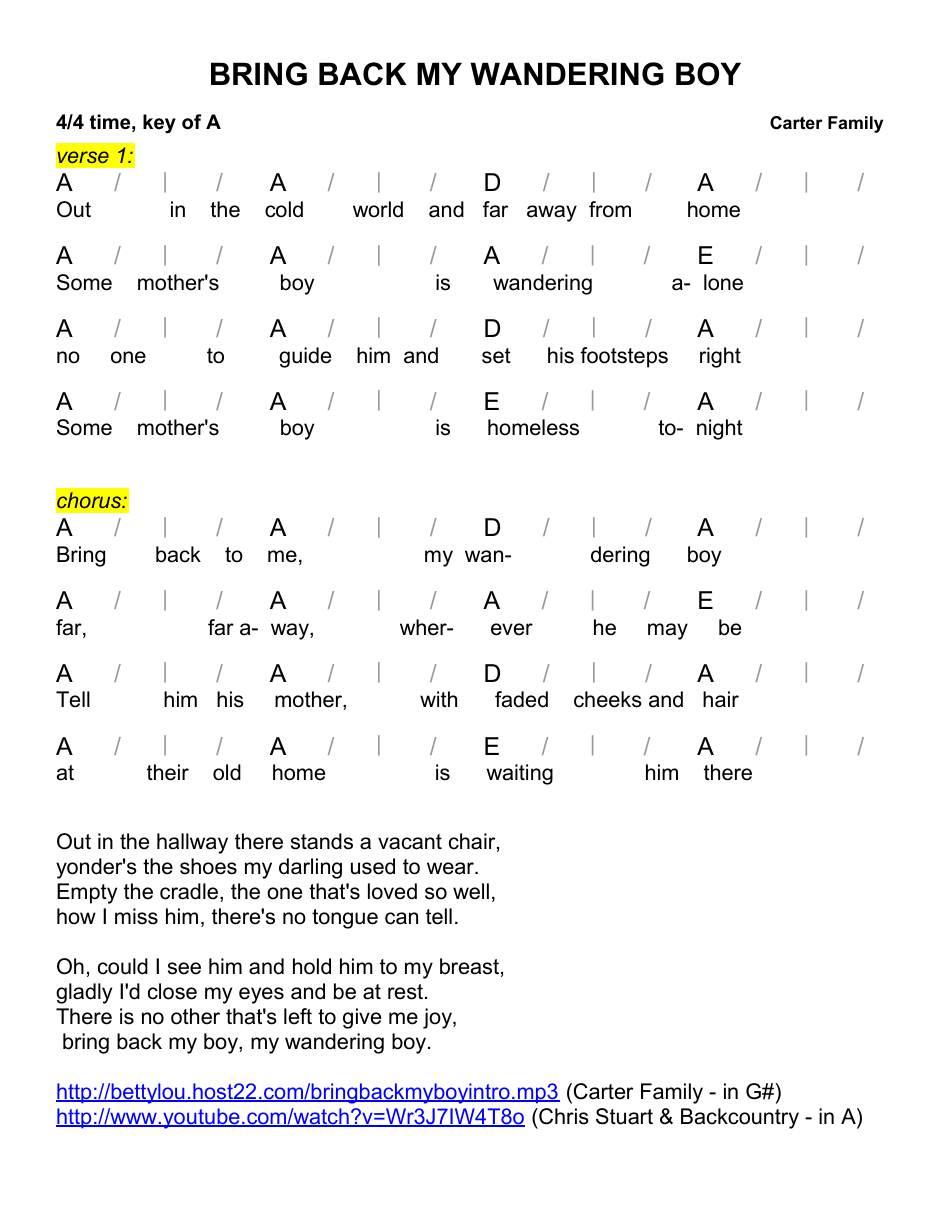 Carter Family - Bring Back To Me My Wandering Boy Chord Chart Download 