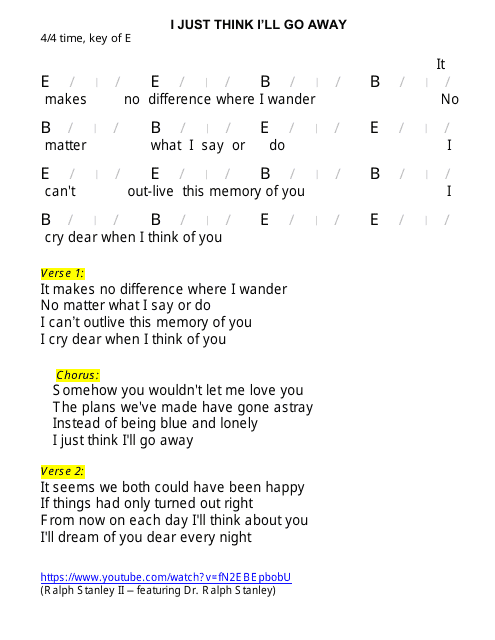 I Just Think I'll Go Away (4/4 Time, Key of E) Chord Chart
