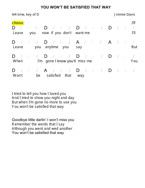 Jimmie Davis - You Won't Be Satisfied That Way (4/4 Time, Key of D) Chord Chart Preview