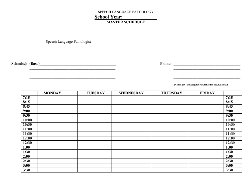 School Speech Language Pathology Therapy Schedule Template preview. Easily organize therapy schedules for speech and language services at your school with this customizable template.