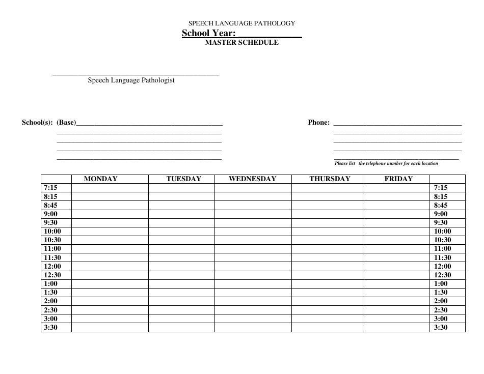 School Speech Language Pathology Therapy Schedule Template Download