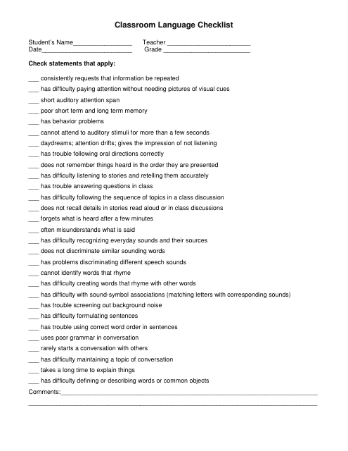 Classroom Language Checklist Template