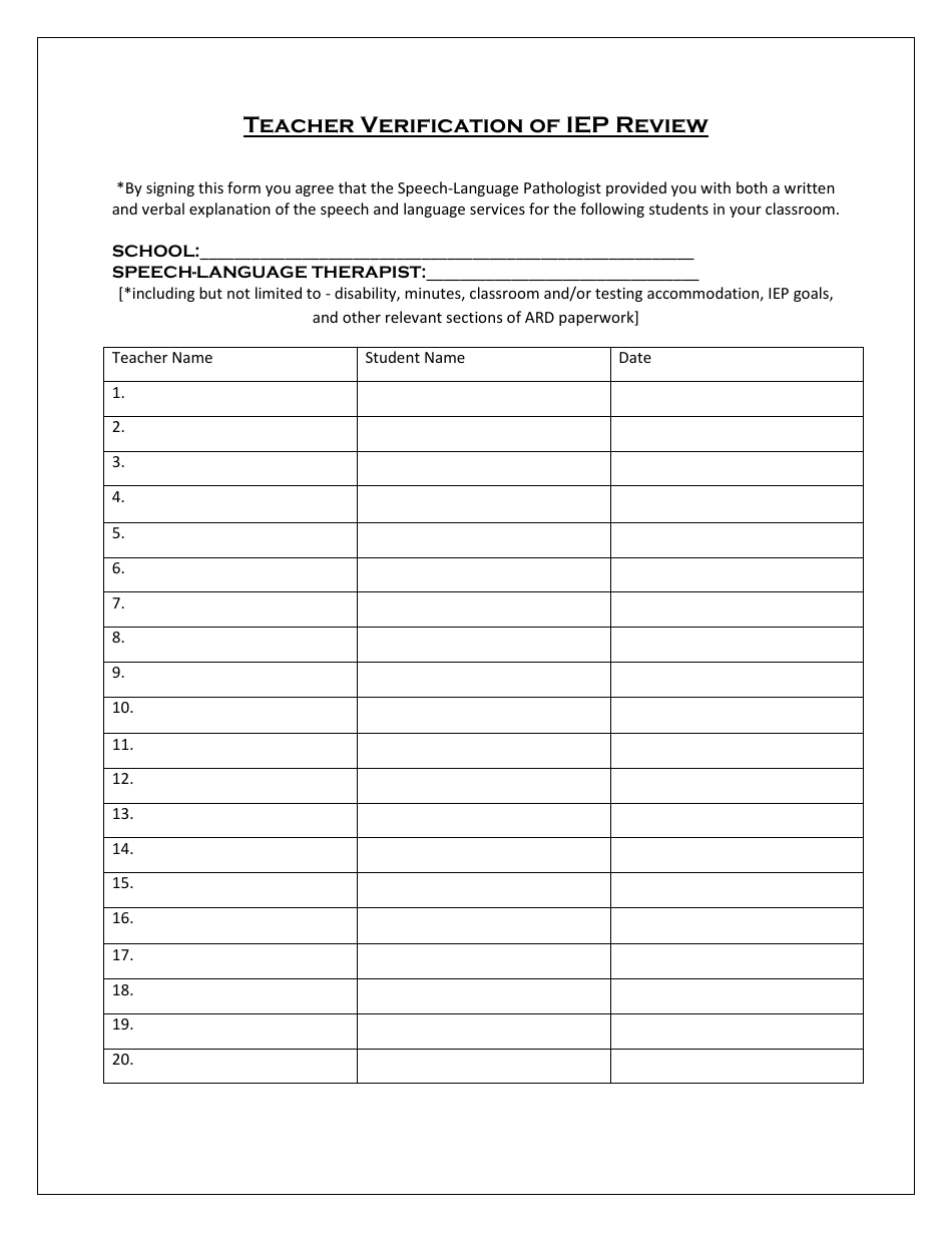 Teacher Verification of IEP Review Template - Document Preview Image