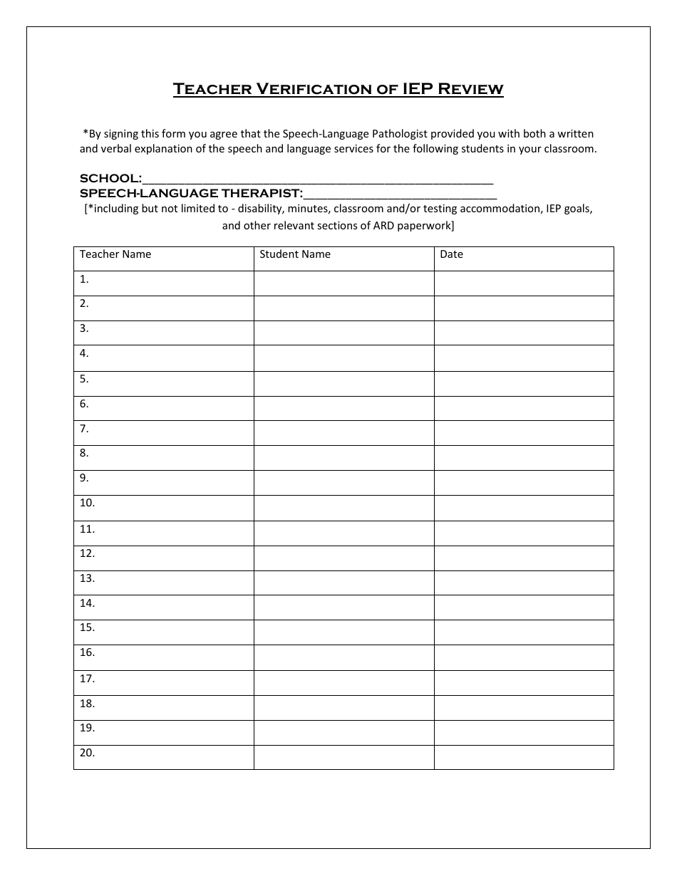 Teacher Verification of Iep Review Template Download Printable PDF