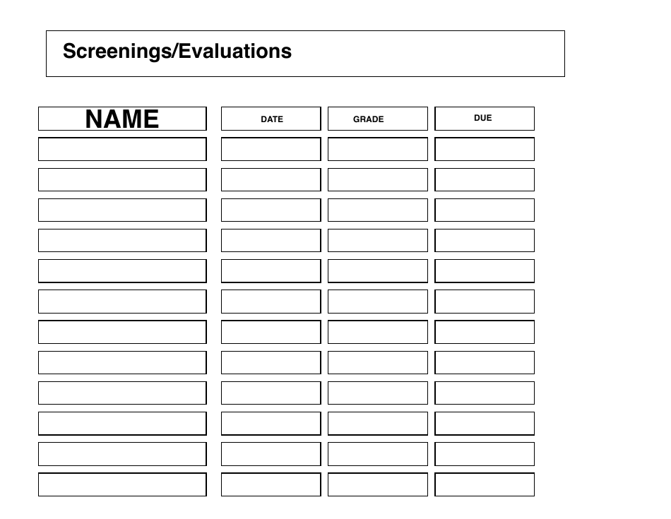 Screenings/Evaluations Chart Template - customizable and organized visual representation