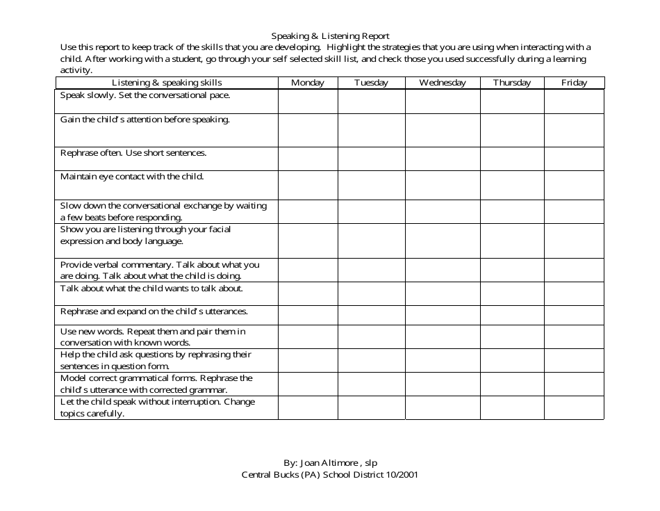 Speaking  Listening Report Template - Central Bucks School District, Page 1