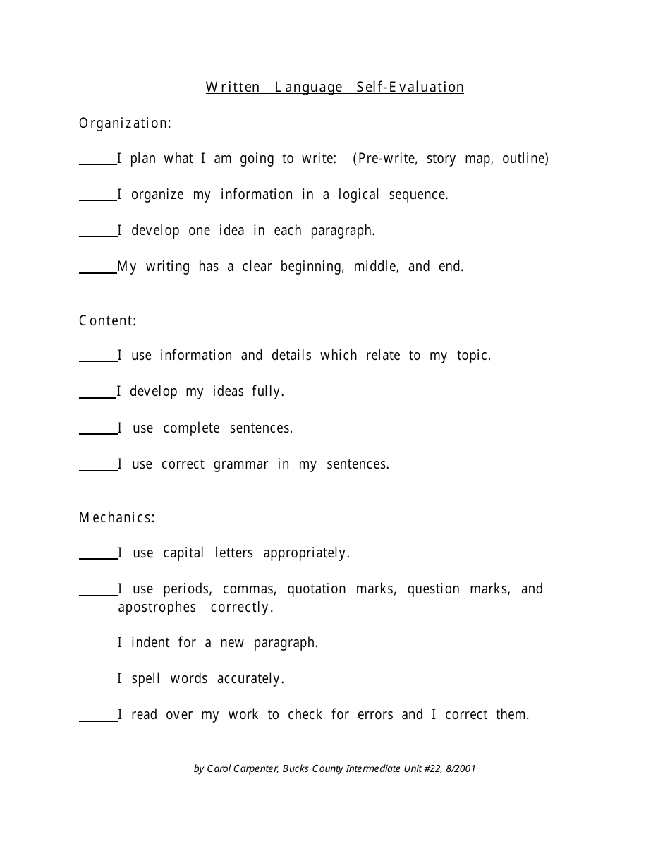 Written Language Self-evaluation Form - Carol Carpenter, Page 1