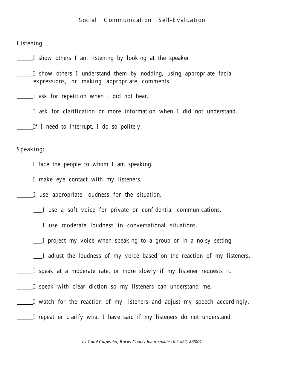 Social Communication Self-evaluation Form - Carol Carpenter, Page 1