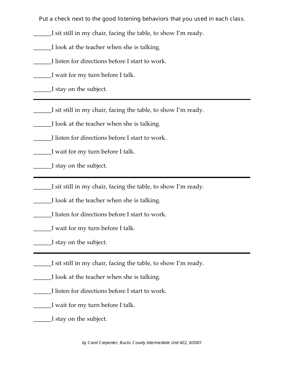 Preview of the Good Listening Behaviors Self Check Template - Assess and Promote Active Listening Skills from Carol Carpenter's solution at TemplateRoller.com.