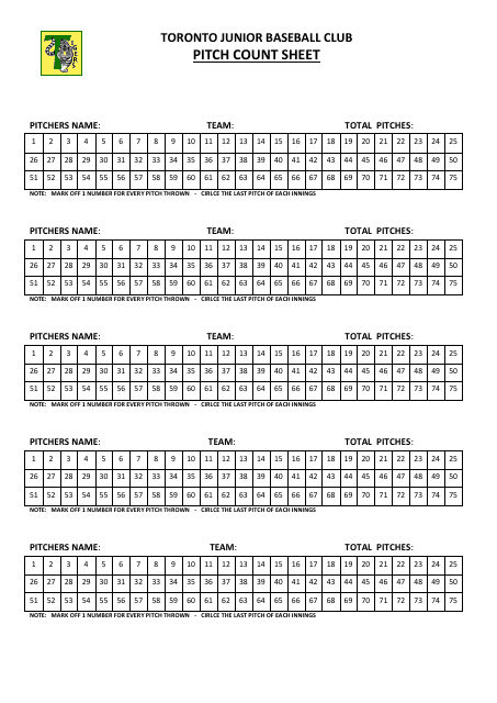 &quot;Pitch Count Sheet - Toronto Junior Baseball Club&quot; Download Pdf