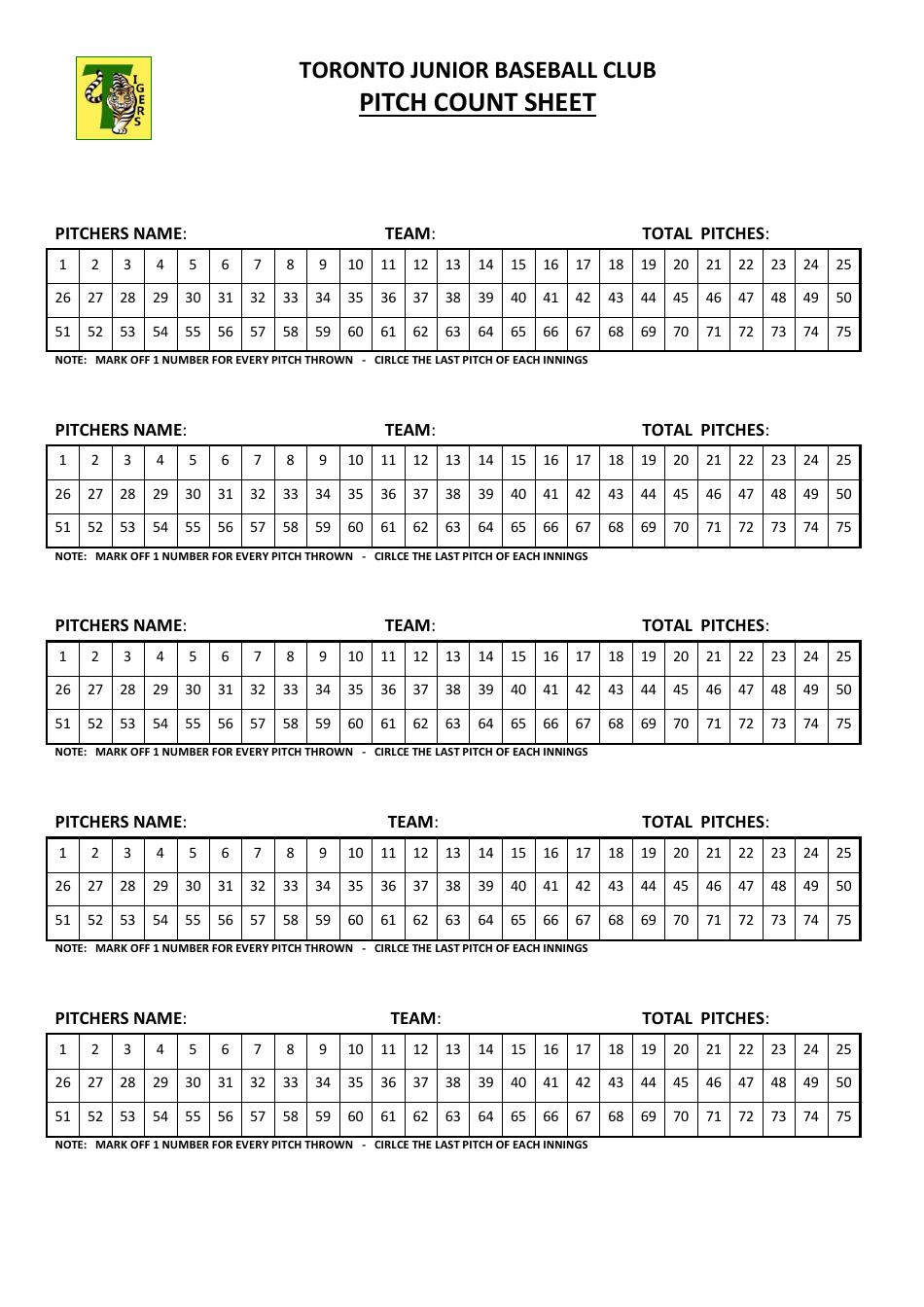 Pitch Count Sheet Toronto Junior Baseball Club Download Printable PDF