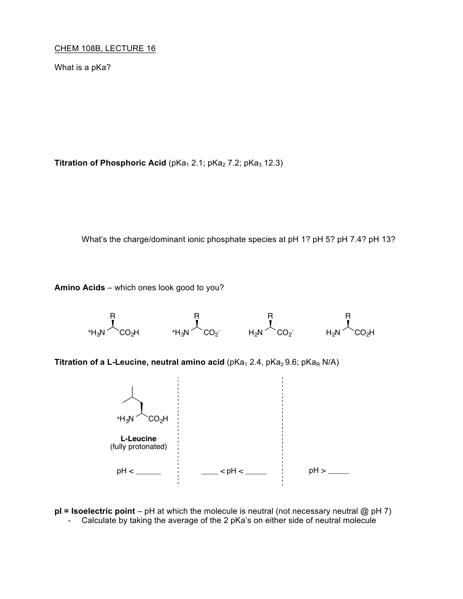 Chem 108b, Lecture 16, Amino Acids Worksheet - University Of California 