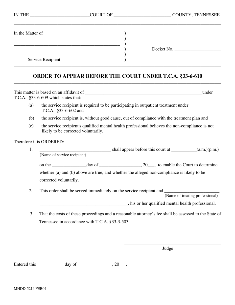 Form MHDD-5214 Order to Appear Before the Court Under T.c.a. 33-6-610 - Tennessee, Page 1
