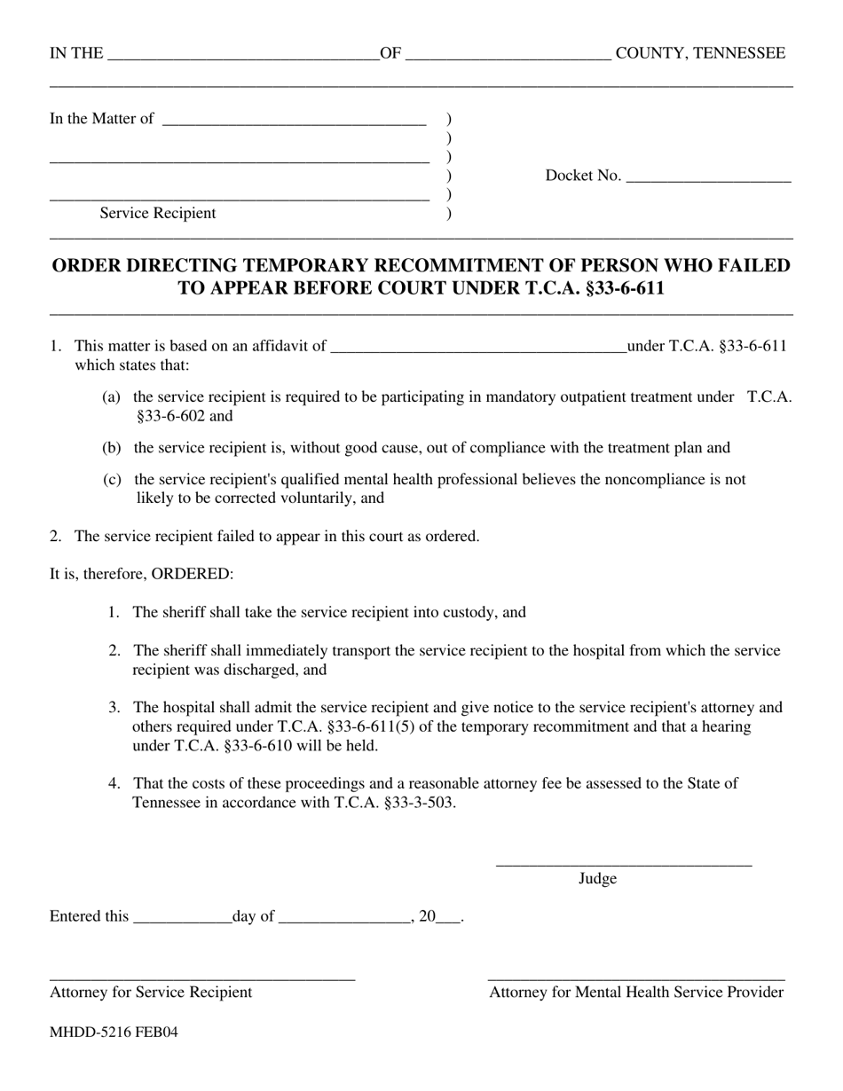 Form MHDD-5216 Order Directing Temporary Recommitment of Person Who Failed to Appear Before Court Under T.c.a. 33-6-611 - Tennessee, Page 1