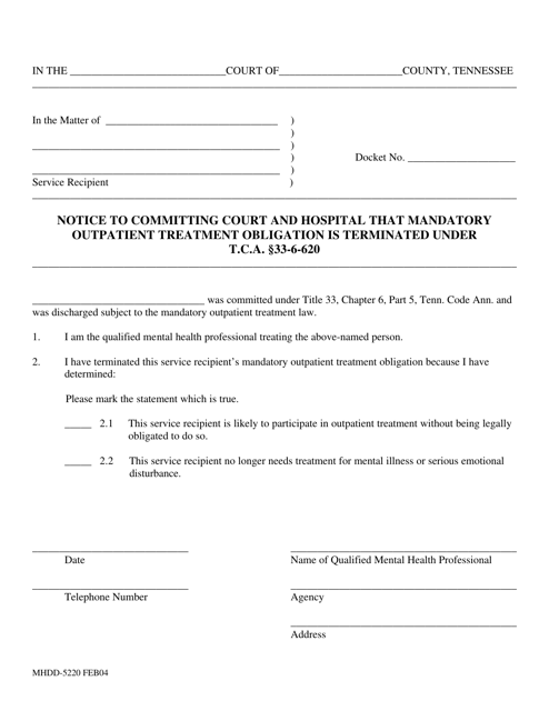 Form MHDD-5220 Notice to Committing Court and Hospital That Mandatory Outpatient Treatment Obligation Is Terminated Under T.c.a. 33-6-620 - Tennessee
