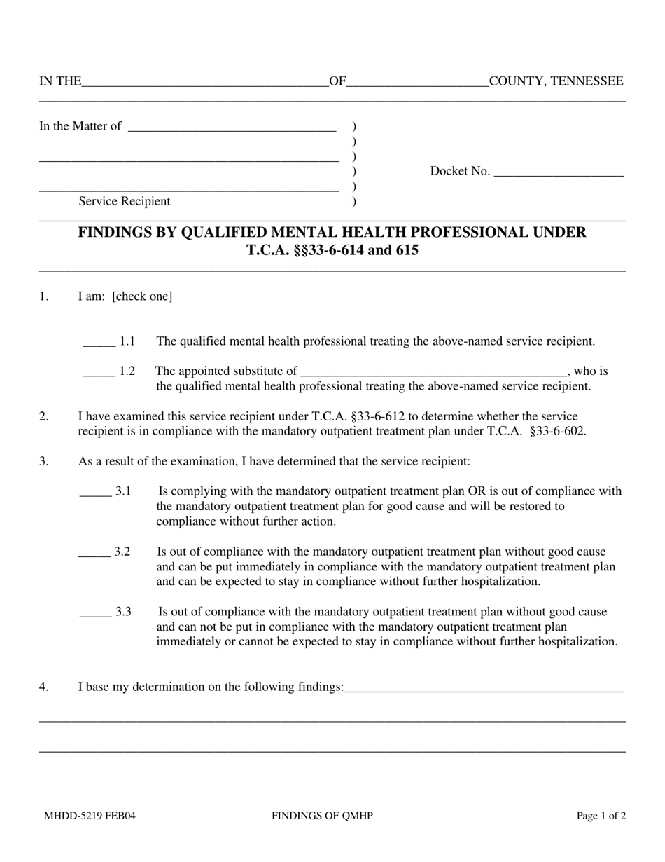 Form MHDD-5219 Findings by Qualified Mental Health Professional Under T.c.a. 33-6-614 and 615 - Tennessee, Page 1