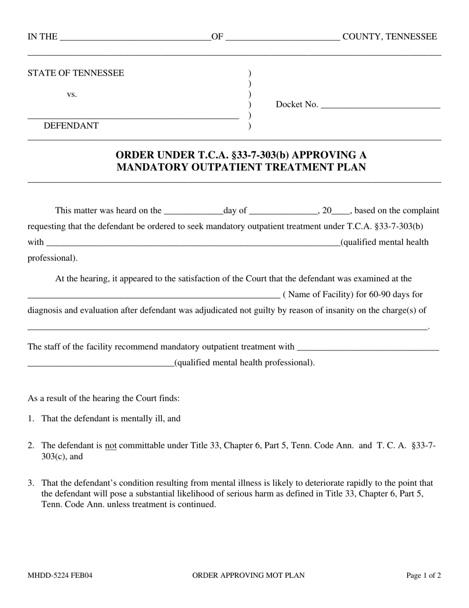 Form MHDD-5224 Order Under T.c.a. 33-7-303(B) Approving a Mandatory Outpatient Treatment Plan - Tennessee, Page 1
