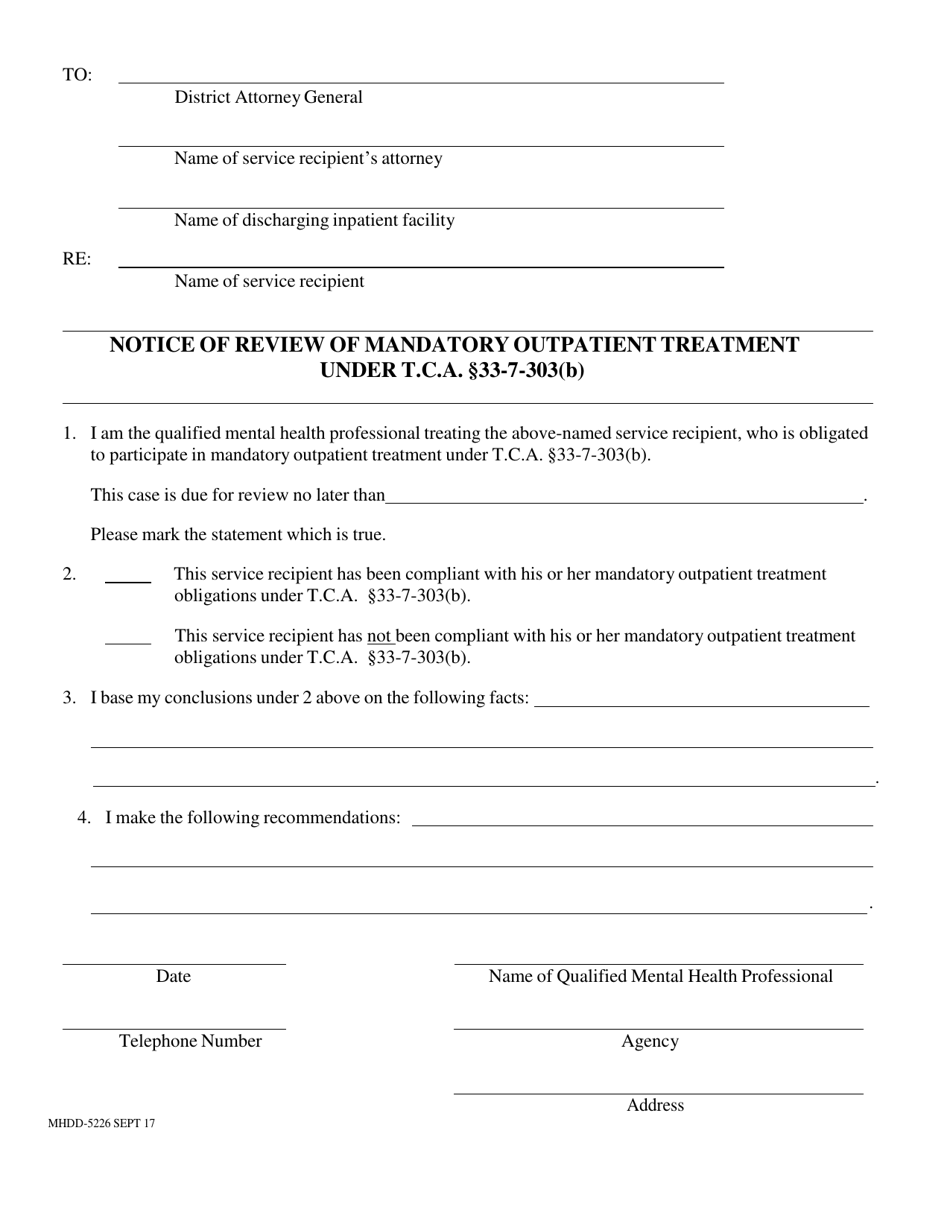 Form MHDD-5226 Notice of Review of Mandatory Outpatient Treatment Under T.c.a. 33-7-303(B) - Tennessee, Page 1