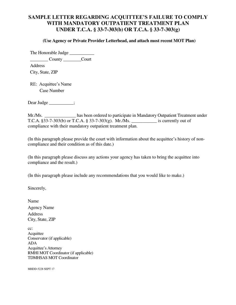 Form MHDD-5228 Sample Letter Regarding Acquittees Failure to Comply With Mandatory Outpatient Treatment Plan Under T.c.a. 33-7-303(B) or T.c.a. 33-7-303(G) - Tennessee, Page 1