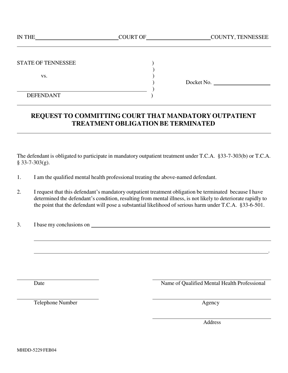 Form MHDD-5229 Request to Committing Court That Mandatory Outpatient Treatment Obligation Be Terminated - Tennessee, Page 1