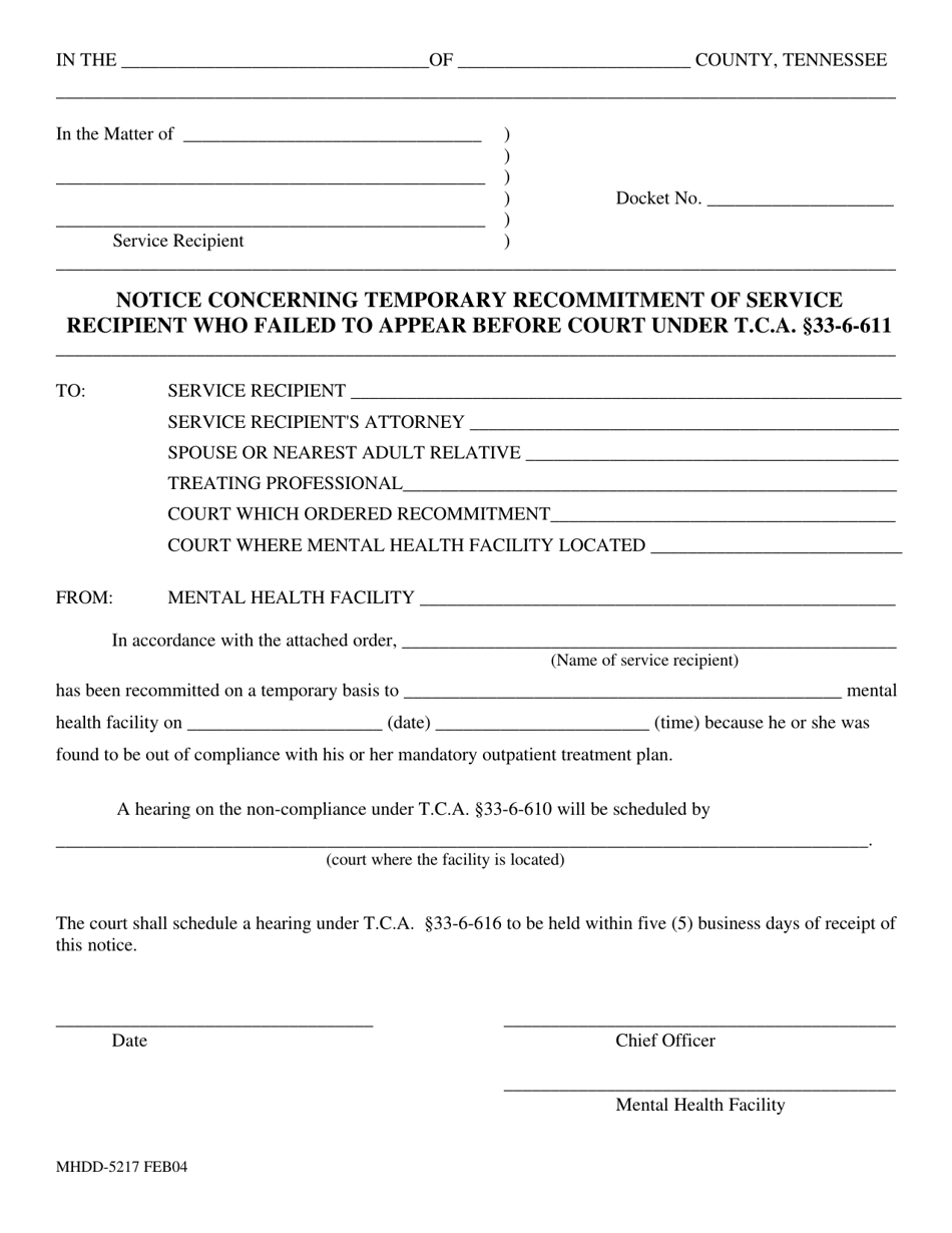 Form MHDD-5217 Notice Concerning Temporary Recommitment of Service Recipient Who Failed to Appear Before Court Under T.c.a. 33-6-611 - Tennessee, Page 1