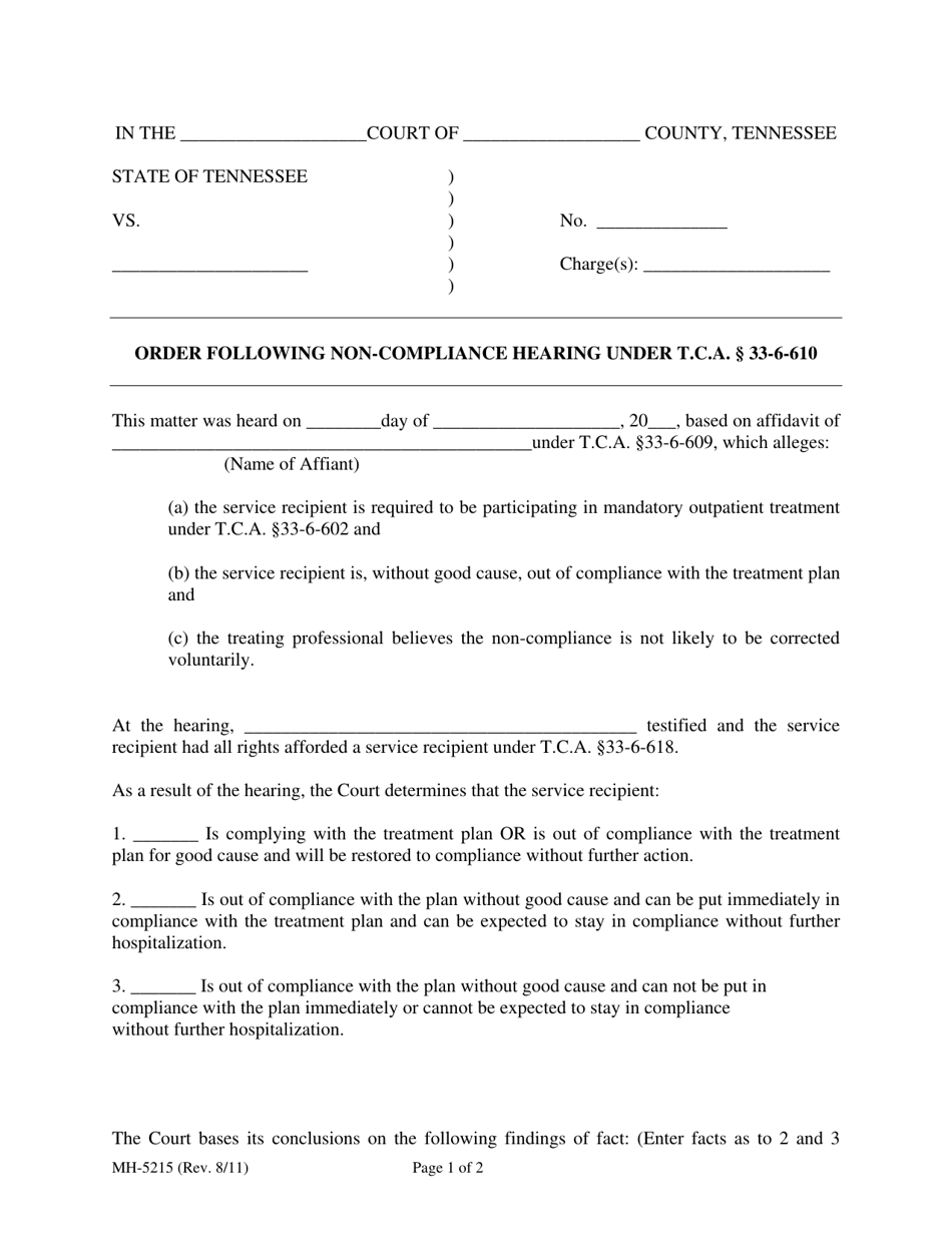 Form MH-5215 Order Following Non-compliance Hearing Under T.c.a. 33-6-610 - Tennessee, Page 1