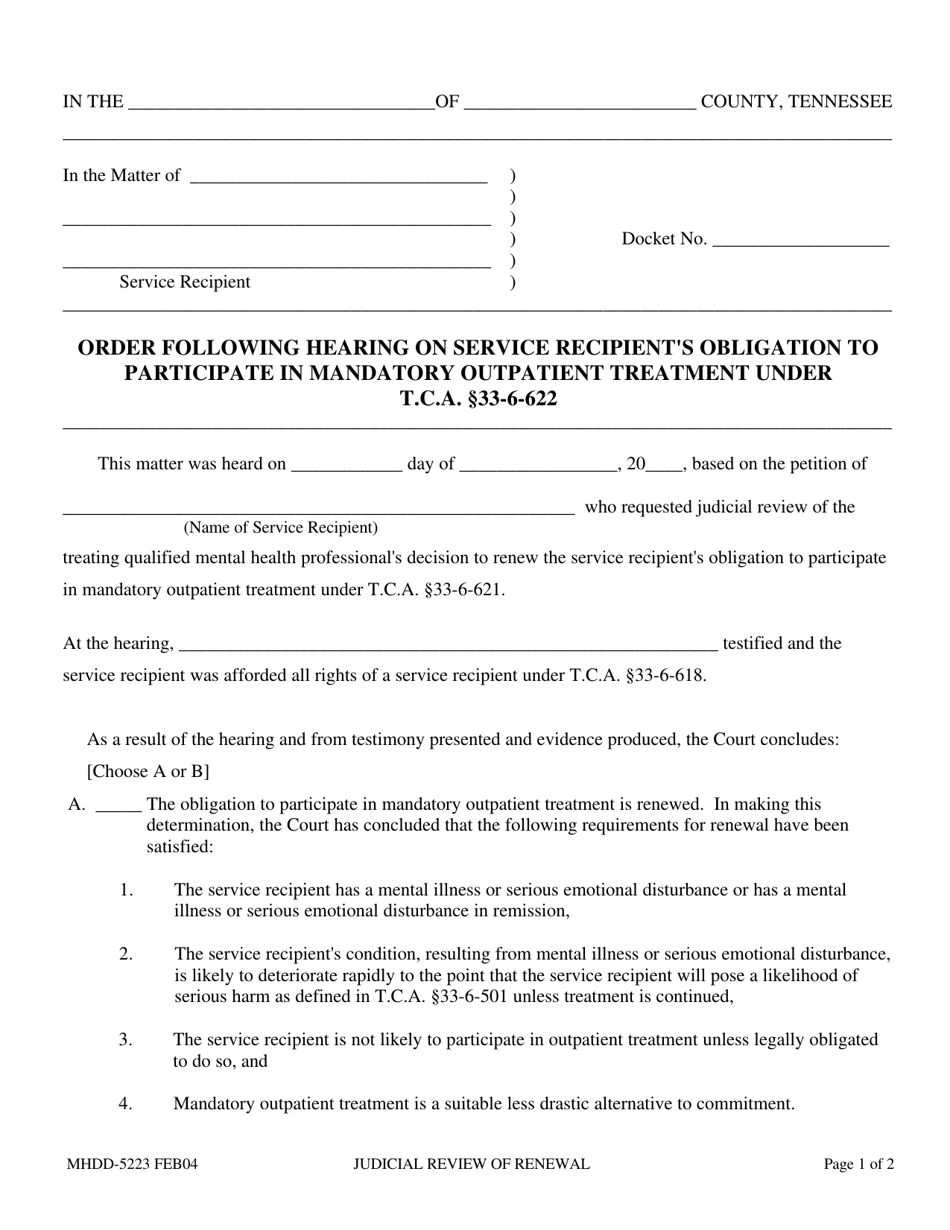 Form MHDD-5223 Order Following Hearing on Service Recipients Obligation to Participate in Mandatory Outpatient Treatment Under T.c.a. 33-6-622 - Tennessee, Page 1