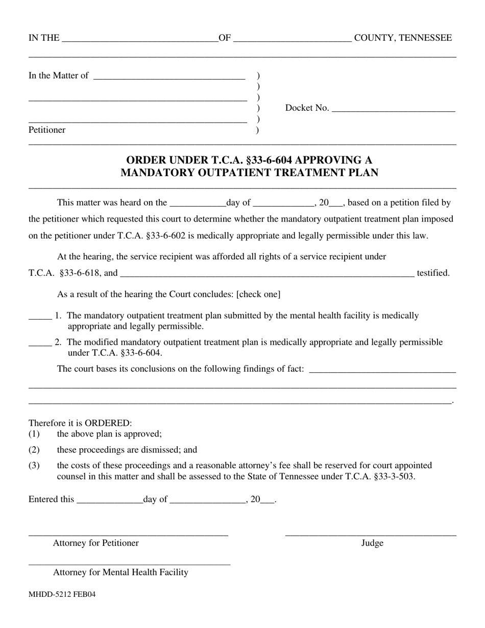 Form MHDD-5212 Order Under T.c.a. 33-6-604 Approving a Mandatory Outpatient Treatment Plan - Tennessee, Page 1