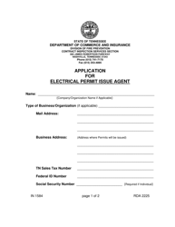 Form IN-1584 &quot;Application for Electrical Permit Issue Agent&quot; - Tennessee