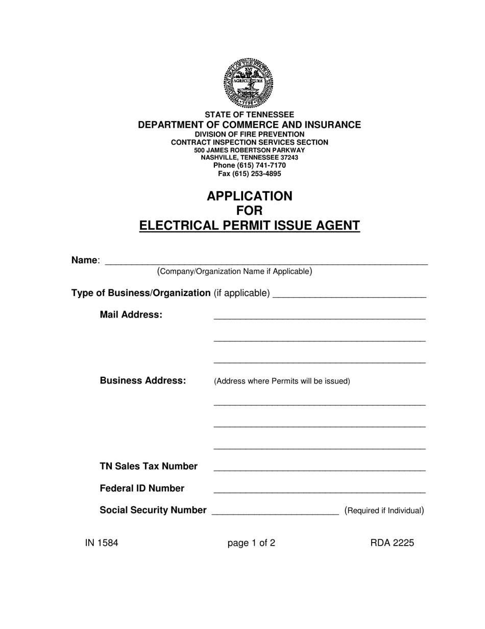 Form IN-1584 Application for Electrical Permit Issue Agent - Tennessee, Page 1