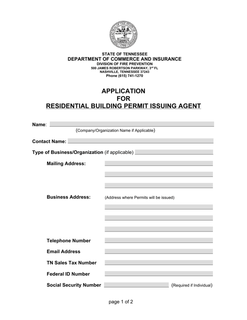 Application for Residential Building Permit Issuing Agent - Tennessee Download Pdf