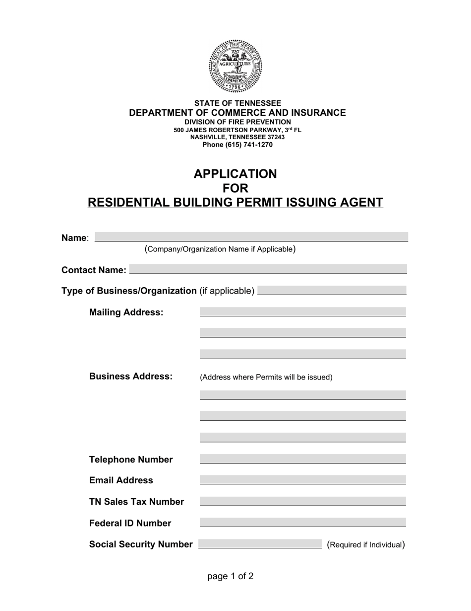 Application for Residential Building Permit Issuing Agent - Tennessee, Page 1