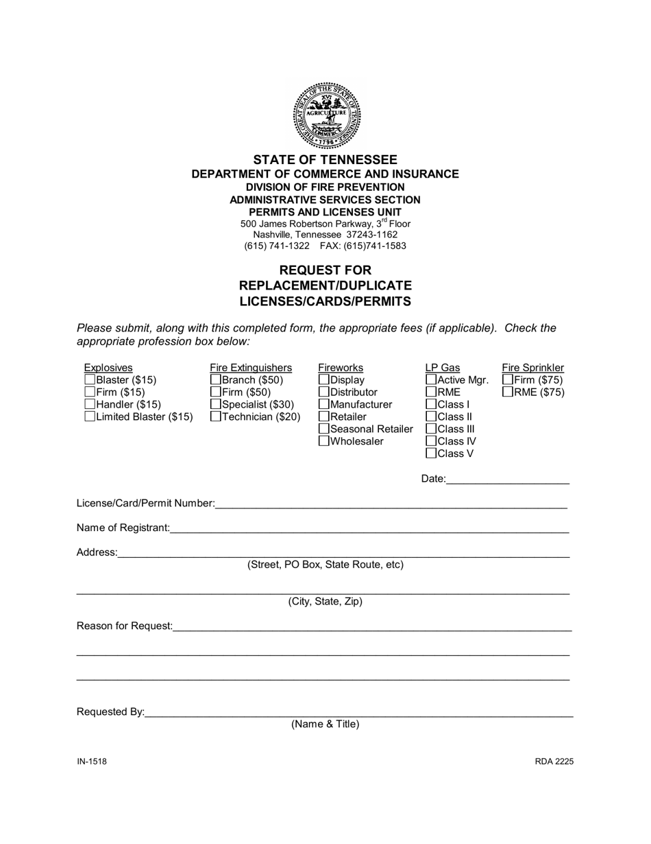 Form IN-1518 Request for Replacement / Duplicate Licenses / Cards / Permits - Tennessee, Page 1