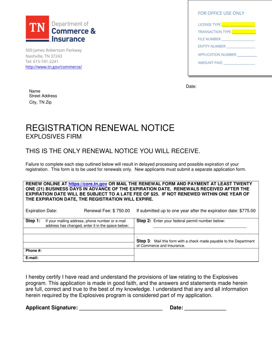 Registration Renewal Notice - Explosives Firm - Tennessee, Page 1