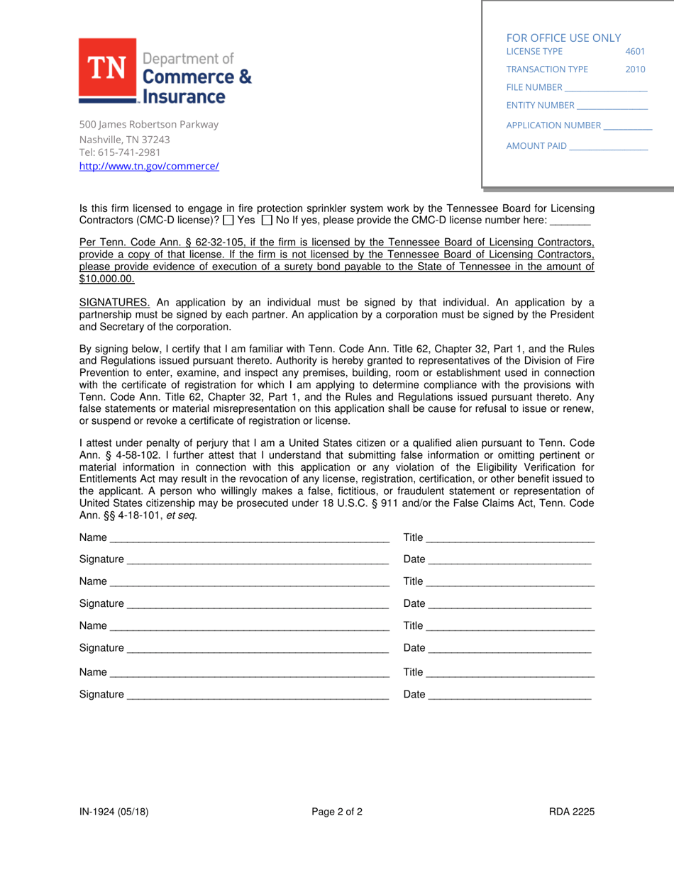Form IN-1924 Certificate of Registration Renewal Notice Fire Protection Sprinkler System Contractor - Tennessee, Page 2