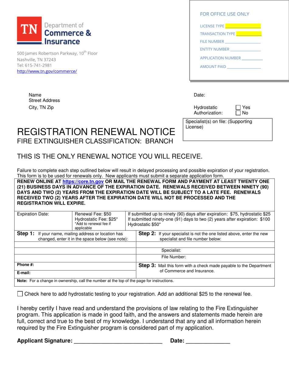 Registration Renewal Notice - Fire Extinguisher Classification: Branch - Tennessee, Page 1