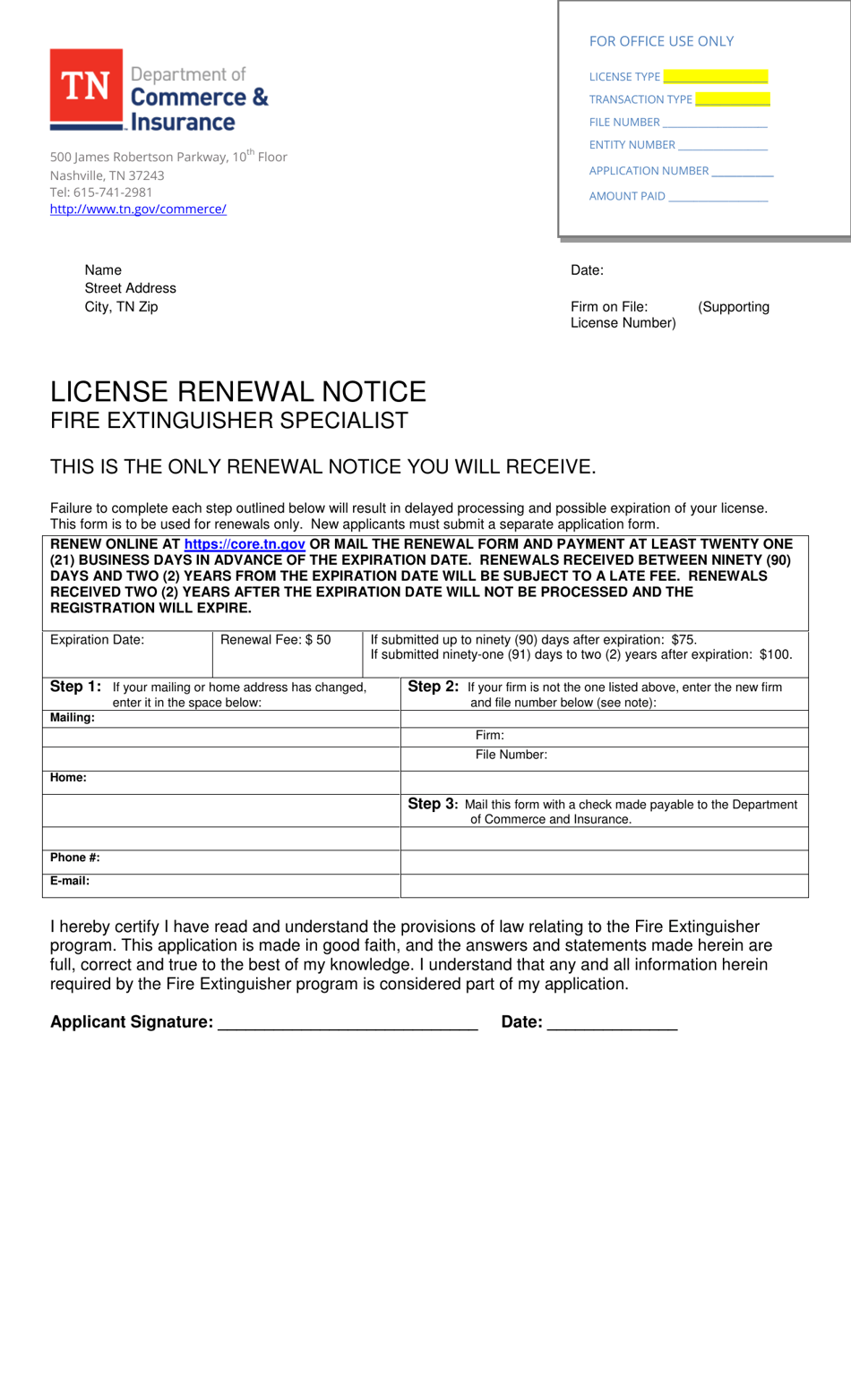 License Renewal Notice - Fire Extinguisher Specialist - Tennessee, Page 1