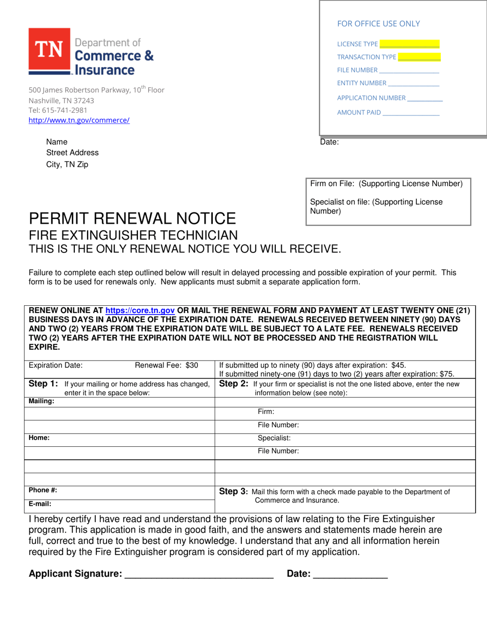 Permit Renewal Notice - Fire Extinguisher Technician - Tennessee, Page 1