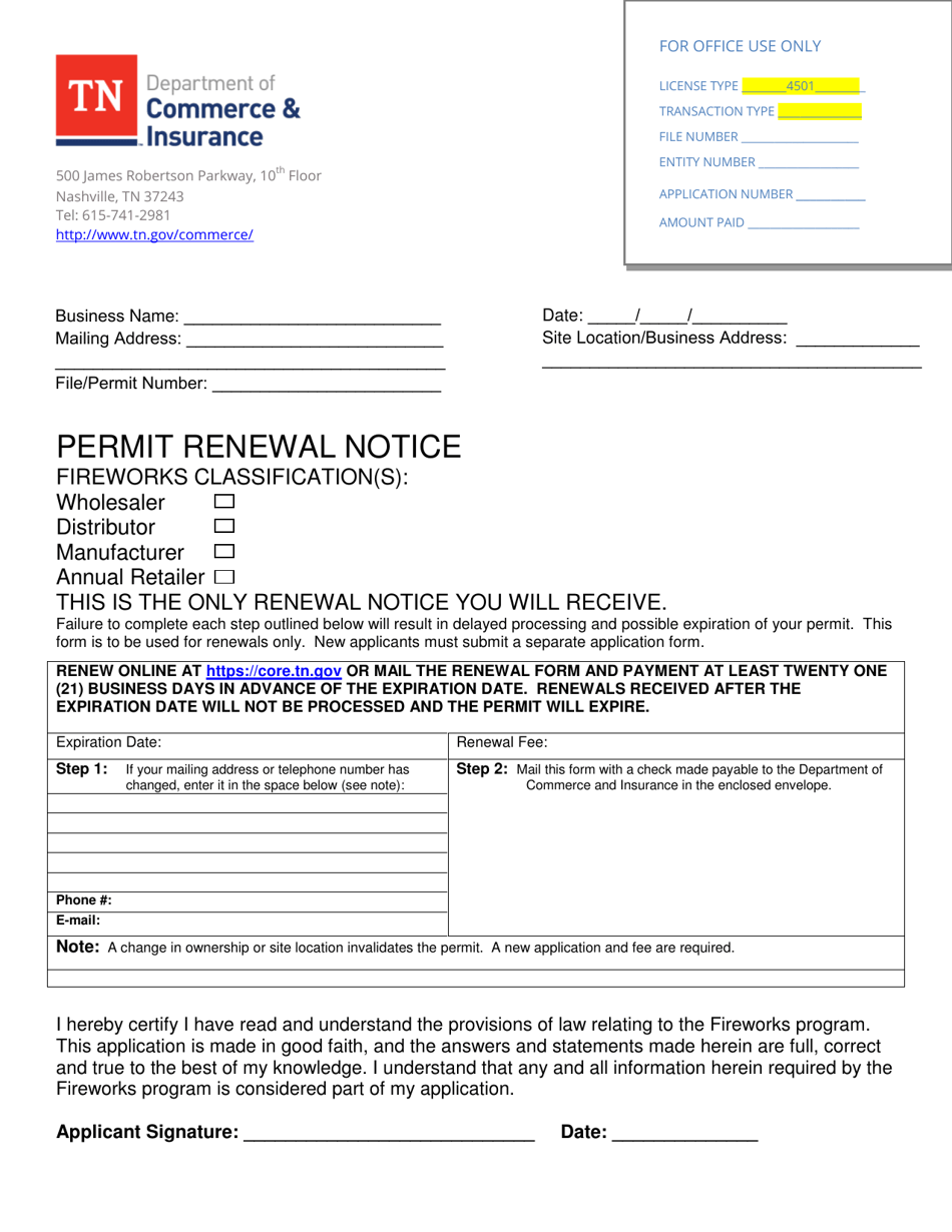 Permit Renewal Notice - Fireworks Wholesaler / Distributor / Manufacturer / Annual Retailer - Tennessee, Page 1