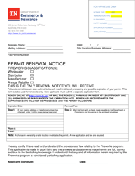 Document preview: Permit Renewal Notice - Fireworks Wholesaler/Distributor/Manufacturer/Annual Retailer - Tennessee