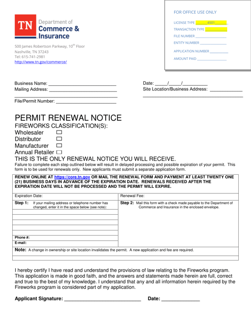 Permit Renewal Notice - Fireworks Wholesaler / Distributor / Manufacturer / Annual Retailer - Tennessee Download Pdf