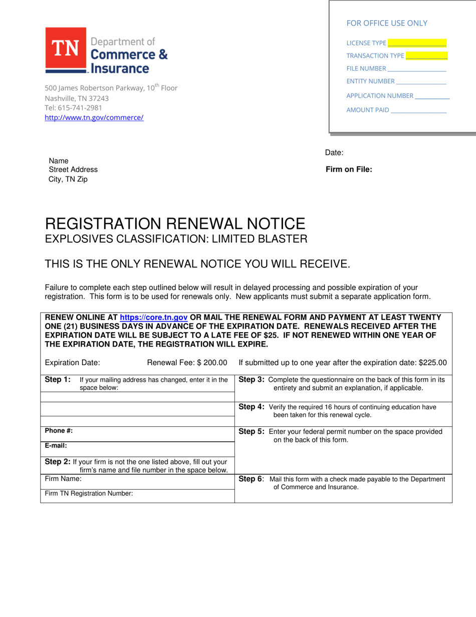 Registration Renewal Notice - Explosives Classification: Limited Blaster - Tennessee, Page 1