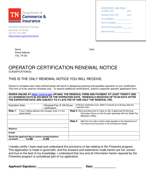 Operator Certification Renewal Notice - Tennessee Download Pdf