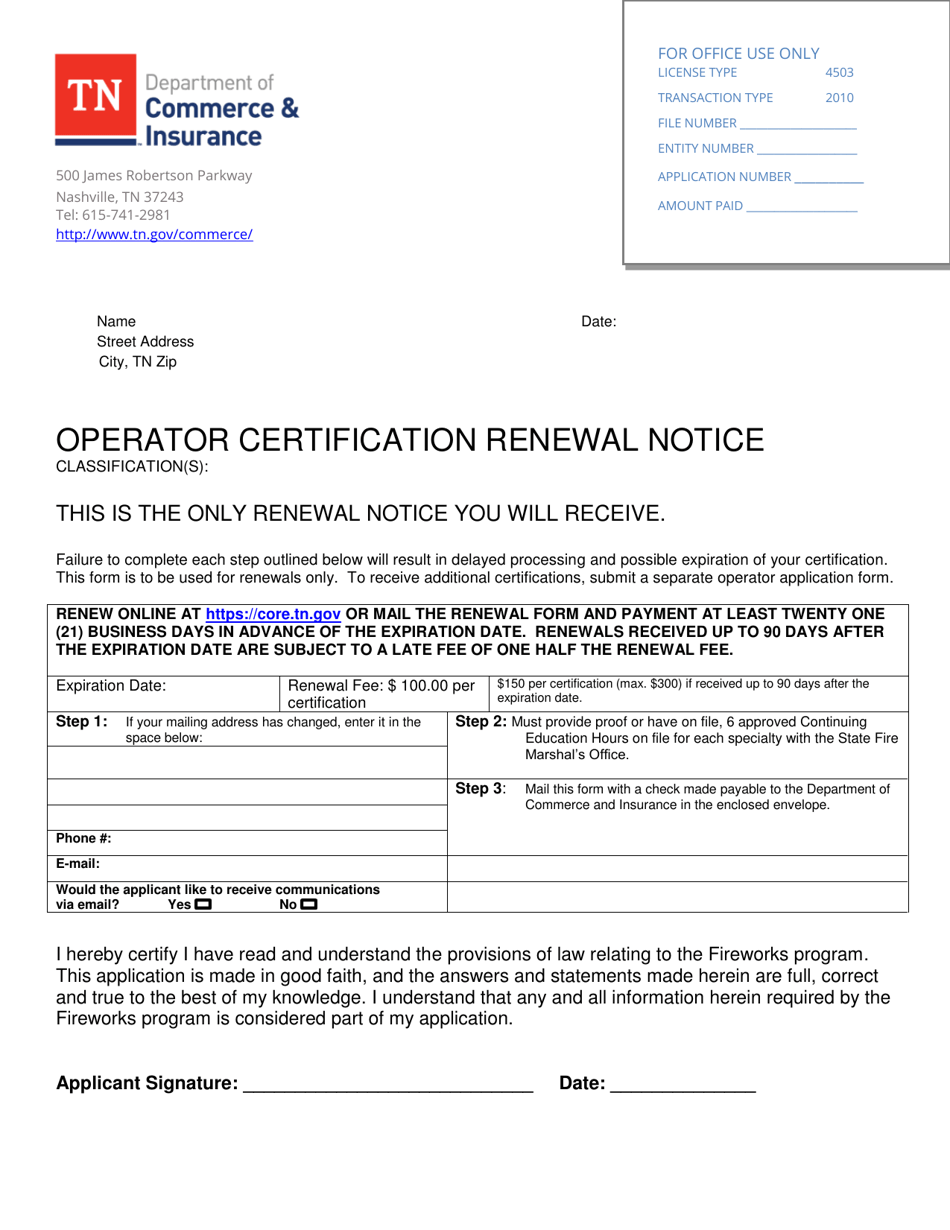 Operator Certification Renewal Notice - Tennessee, Page 1