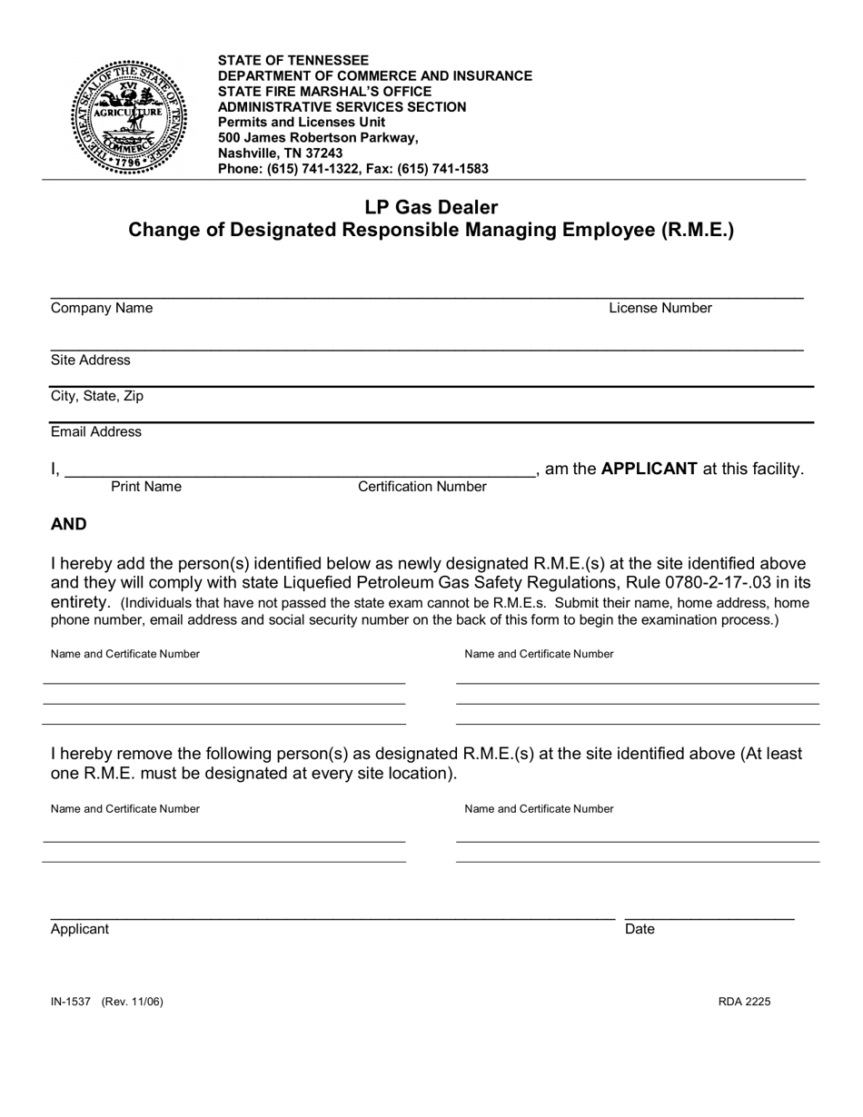 Form IN-1537 Lp Gas Dealer Change of Designated Responsible Managing Employee (R.m.e.) - Tennessee, Page 1